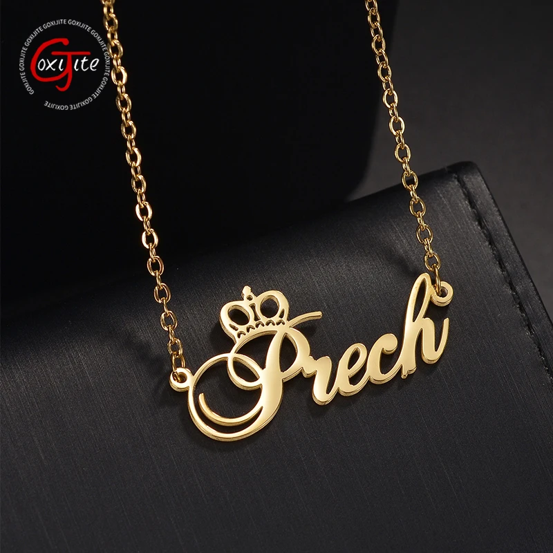 

Goxijite Personalized Name Necklace For Women Girls Stainless Steel Custom Crown Cursive Nameplate Necklaces Jewelry Party Gift