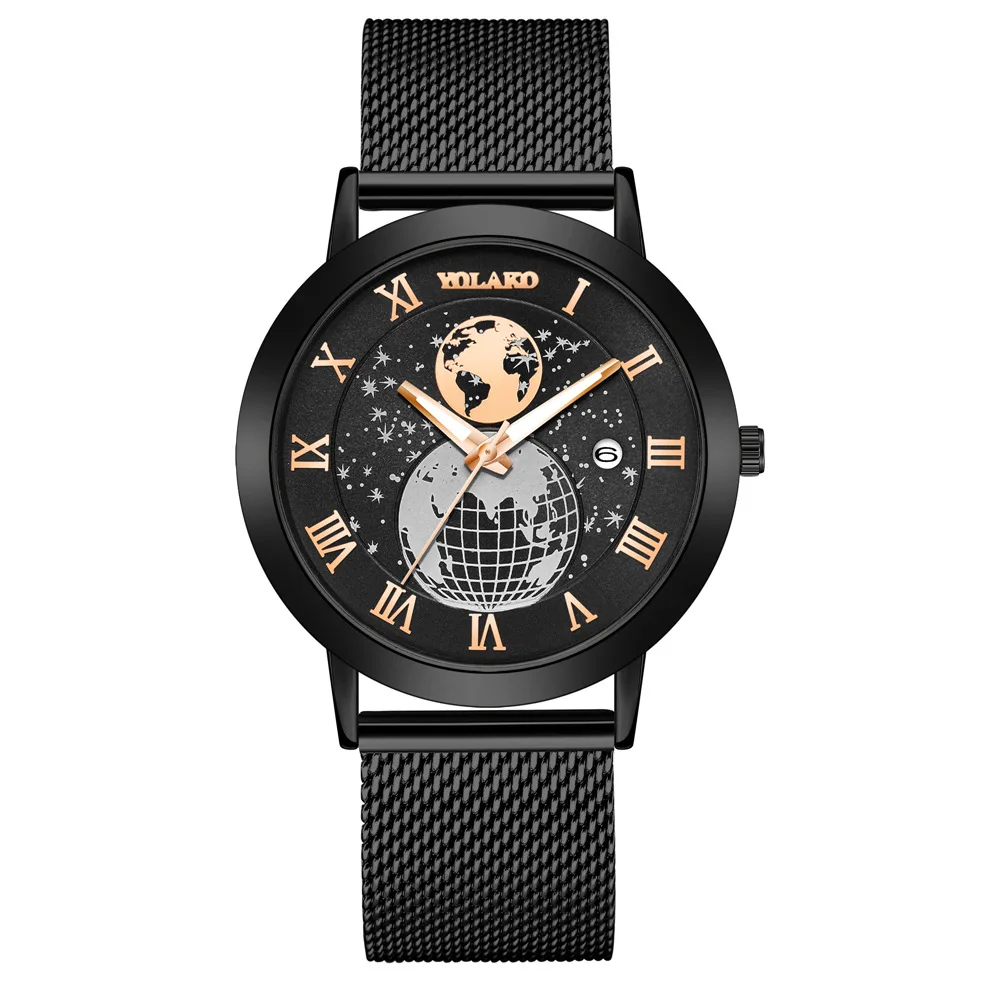 2023 Hot selling men's map Roman design calendar quartz watch fashion stainless steel mesh belt men's watch