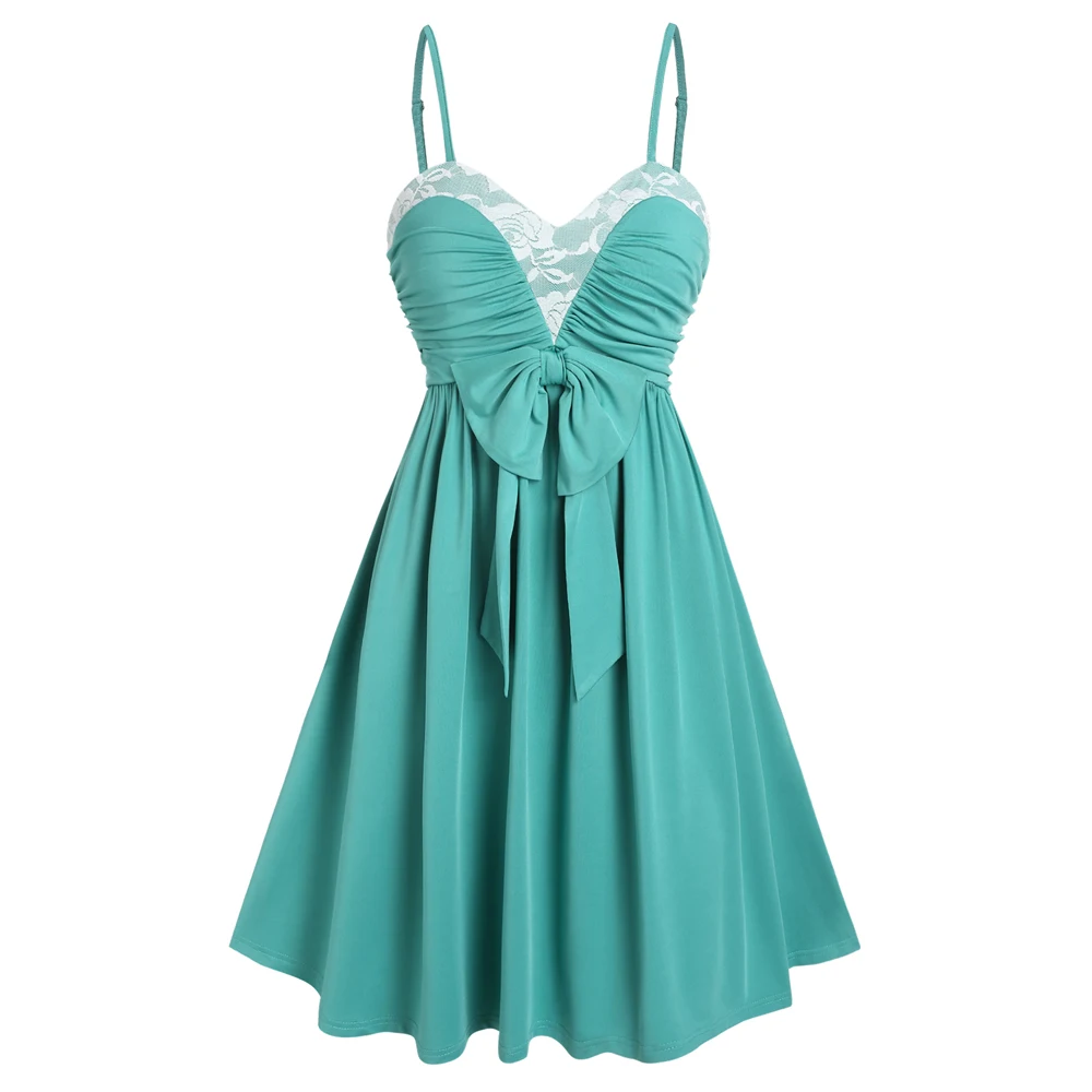 

Floral Lace Insert Bowknot Cinched Dress Green Color Women Spaghetti Strap Flare Cute Robe For Summer Garden Party
