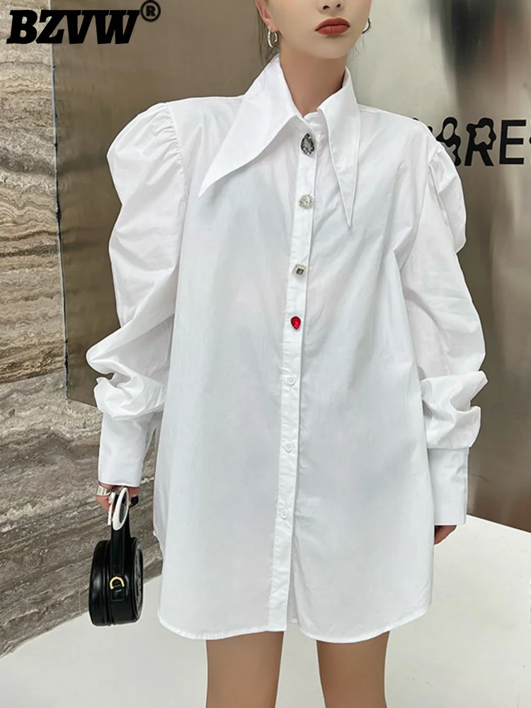 

Дизайнерские рубашки и блузки BZVW для женщин, свободная дизайнерская блузка средней длины на пуговицах с пышными длинными рукавами, женская рубашка 25x01808