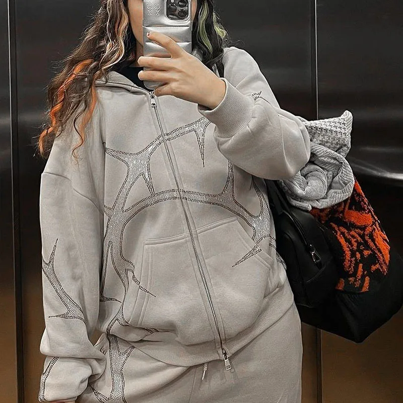 

Y2k Rhinestone Stripes White Hoodies Women Goth Zip Up Oversized Sweatshirts Fashion New Retro Harajuku Hooded Jacket Streetwear