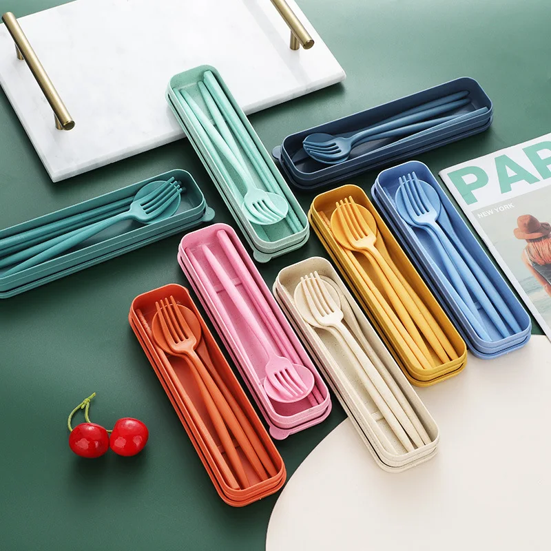 Wheat straw Portuguese tableware set knife, fork, spoon chopsticks storage box outdoor travel portable tableware