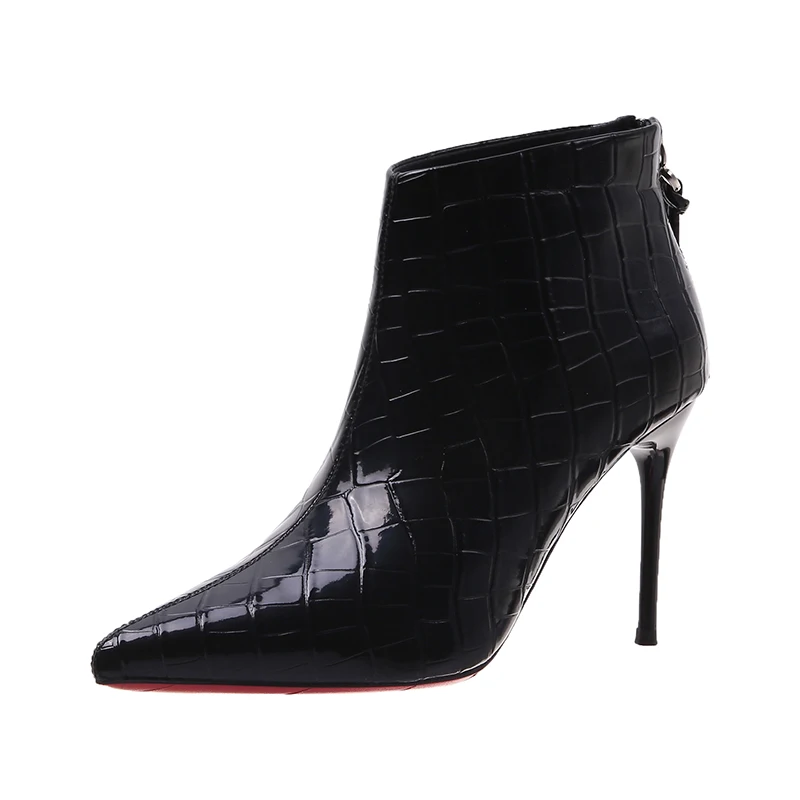 Pointed Pure Black Patent Leather Zipper Women's Boots Winter Sexy Crocodile Leather Ankle Boots Stiletto High Heels Short Boots