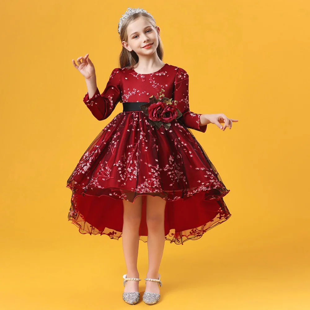 

Платье для девочек, Тюлевое платье с цветочным рисунком, Кружевная аппликация, красивое женское платье с круглым вырезом и длинным рукавом для дня рождения