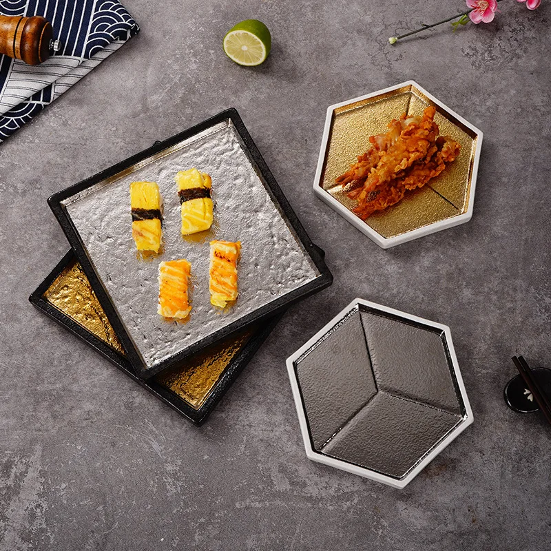 Прямоугольная тарелка для суши японский белый фон Золотая керамическая посуда