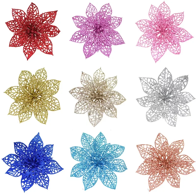 

14cm Glitter Artificial Flower Heads Christmas Tree Flower Decorations Xmas Ornament Decorative Fake Flower Wedding Supplies