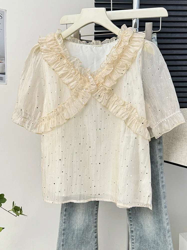 ight женская милая блестящая лоскутная кружевная рубашка с v-образным вырезом и