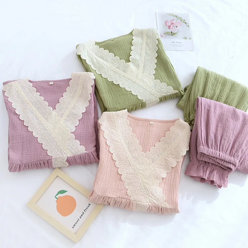 Nightclothing 2 Piece Set Ladies Thin Crepe Cotton Lace V-Neck Crossover Four Seasons Long Sleeve Pullover Seekers Pijamas Women