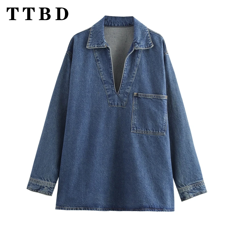 Женский однотонный джемпер с карманами отложным воротником и длинным рукавом