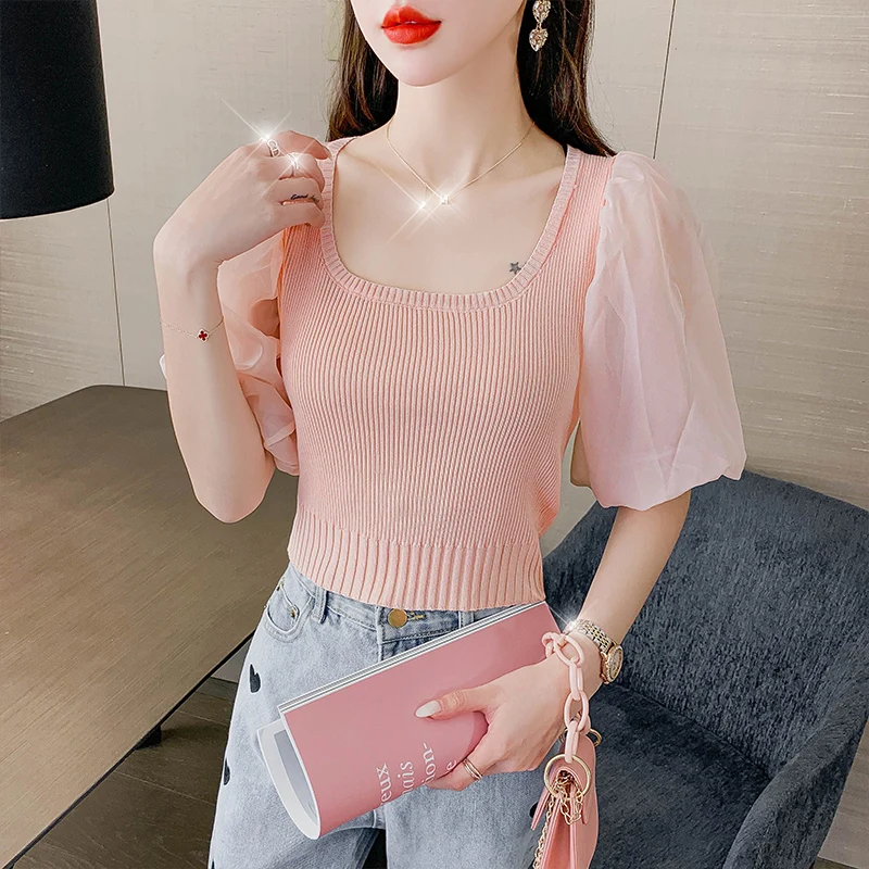

Make new summer wear cultivate one's morality short sleeve T-shirt female year party brought the gauze lantern sleeve blouse bri