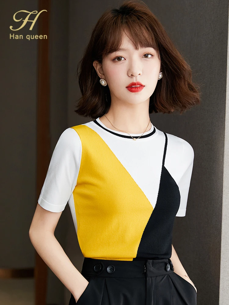 

Однотонные простые женские вязаные топы H Han Queen с коротким рукавом, свободная блузка, шикарная Повседневная футболка, женская одежда, новые ...