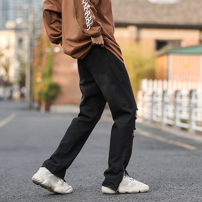 Y2K Vintage American Side Zipper Tide Brand Street Hole Jeans Men's Spring and Autumn Casual Loose Straight Hiphop Pants Pants