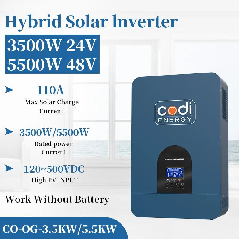 

Codi Energy Off Grid Hybrid Inverter 3.5/5.5KW Solar Inversor Built-in MPPT 110A Controller 500VDC