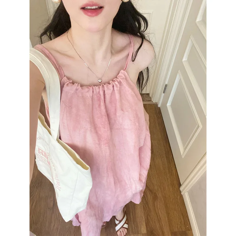 

Halo gradient pink suspender dress summer loose slim big skirt Platycodon grandiflorum skirt