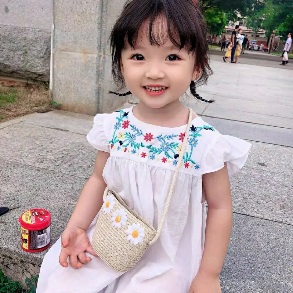 Handmade Straw Children Shoulder Bags Sunflower Embroidered Boys Kids Crossbody Bag Baby Girls Small Square Coin Purse Handbags