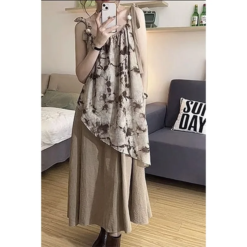 

Retro Tie-dye Dress Female 2022 Summer New Temperament Commuter Slim Casual Design Niche Suspender Skirt Long Skirt