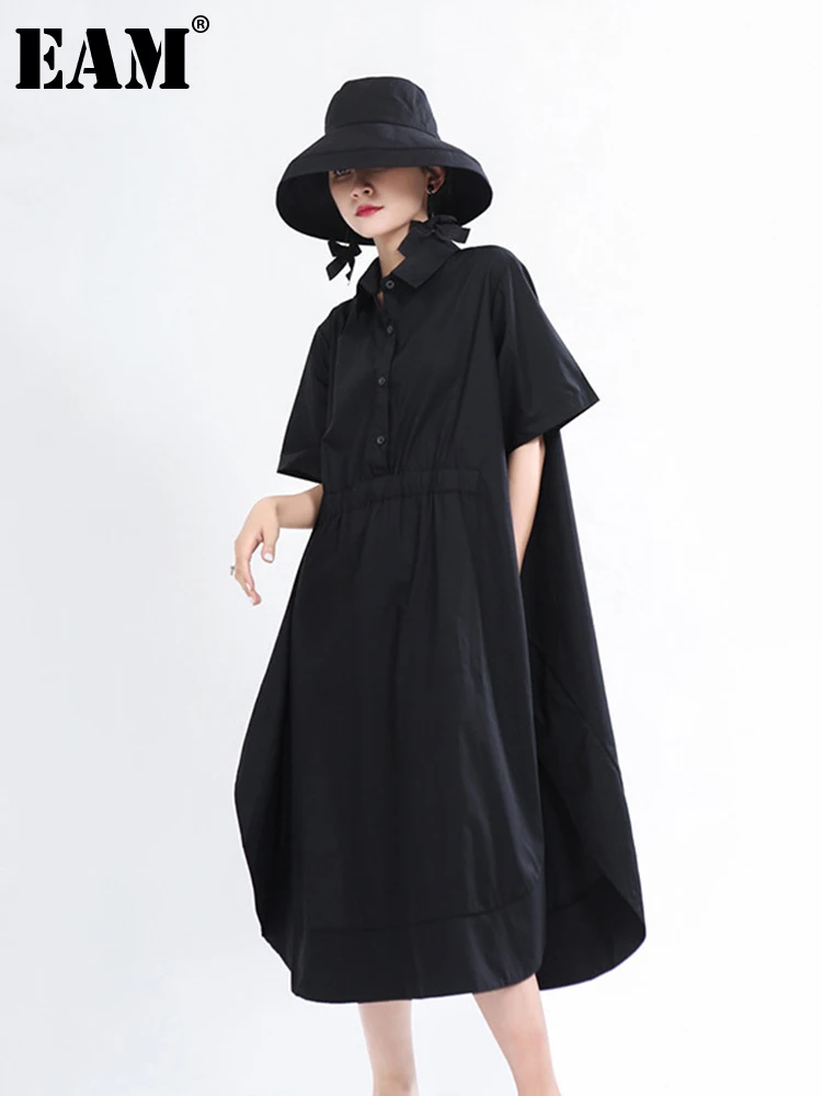 

[EAM] Women Black Side Vent Split Long Big Size Dress New Lapel Short Sleeve Loose Fit Fashion Tide Spring Summer 2022 1X350