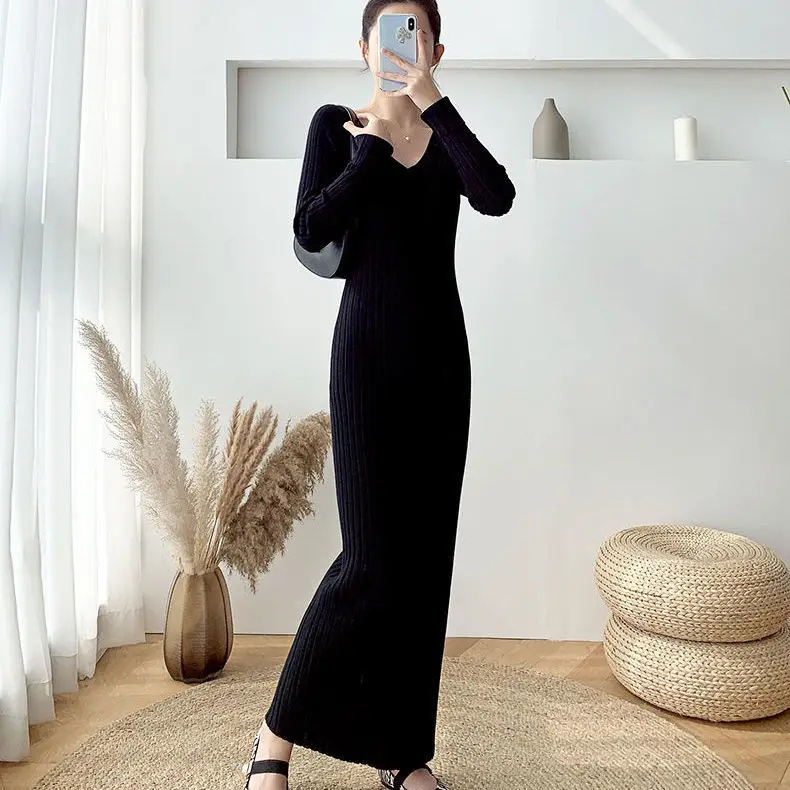 

Women'S V-Neck Ankle-Length Knitted Dresses Autumn And Winter Bottoming Knitwear Sweater Dress Loose Slim Long Pullovers A953