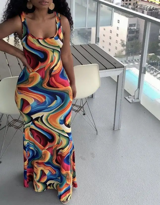 

Женская одежда, повседневные платья макси с абстрактным принтом, Европейское и американское модное прямое облегающее платье с U-образным вырезом, лето 2023