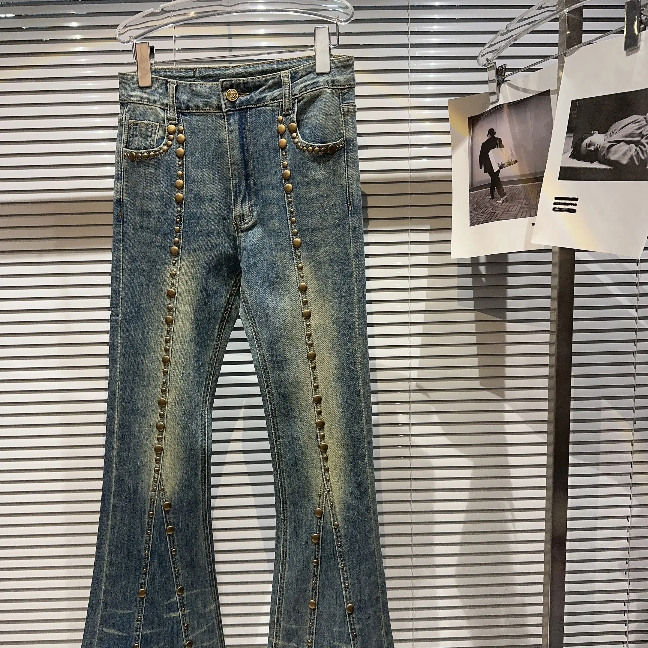 2023 Summer Clothes New Fashion Irregular Rivet Washed Jeans Retro High-waist Slim Fit Skinny Denim Pants Women's Trousers