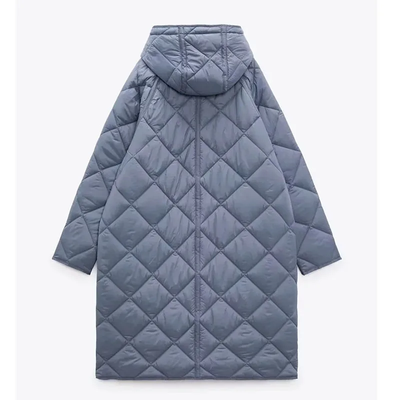 Woman Blue Hooded Parkas Coats Solid Casual Oversize Warm Big Pockets Mid-length Parkas Jackets Winter Thicken Outerwear Female