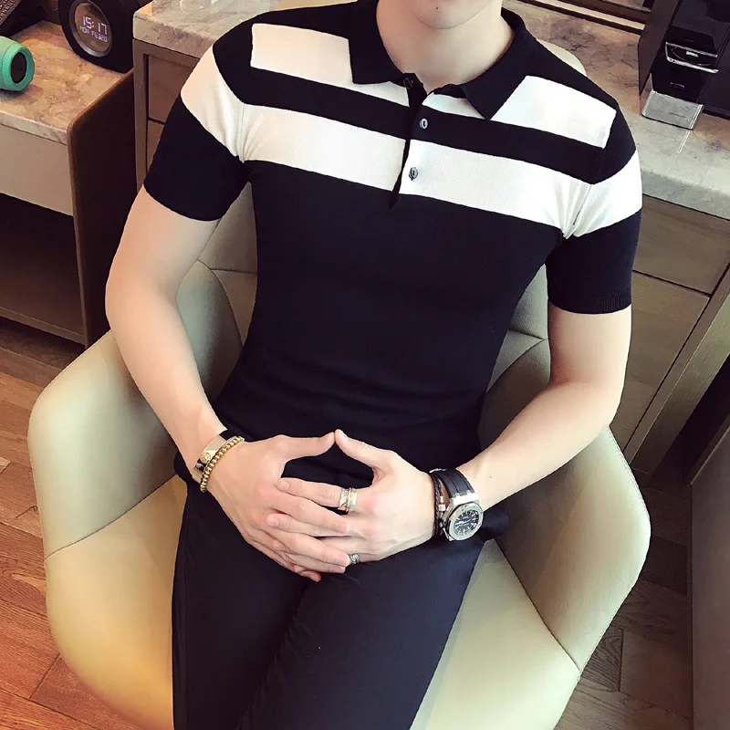 

2023 Social Knitting Slim Polo British Style Stripes POLO Shirt Men Summer Short Sleeve Men's POLO Slim Fit Casual Polo Homme