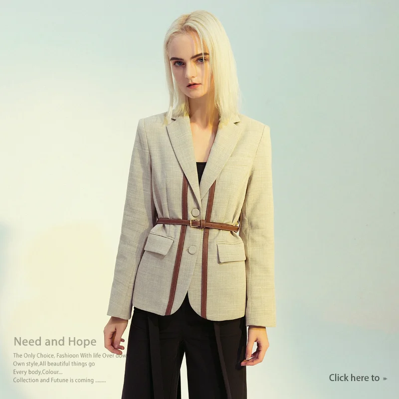 

[JPQF] Suit spring and autumn British style female stitching contrast leather stitching strap feeling small suit coat with belt