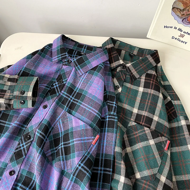 Streetwear Retro Plaid Blouses Male Hip Hop Flannel Checked Shirts Men High Quality Spring New Oversize Cotton Plaid Shirts