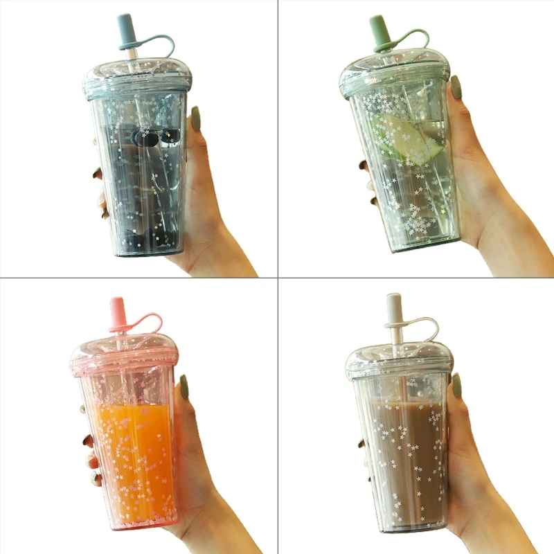 

420ml Reusable Sparkling Glitter Cup with Lid Straw Transparent Sequins Water Bottle Cute Plastic Double Layers Tea dropshipping