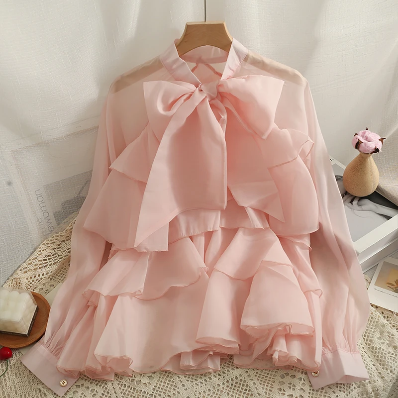 

Autumn Casual Ruffle Top Long Sleeve Shirt Cascade Flounces Bow Lace Up Thin Chiffon Blouse Women Tops 2022 New Fanshion