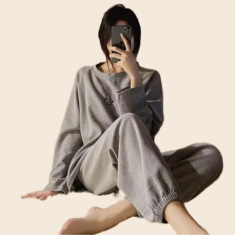 

Women's Homewear Pajamas Set Women Sweet Smile Print Full-Sleeve Cozy Pyjamas Top Pants 2Piece/Set Big Size Simple Style
