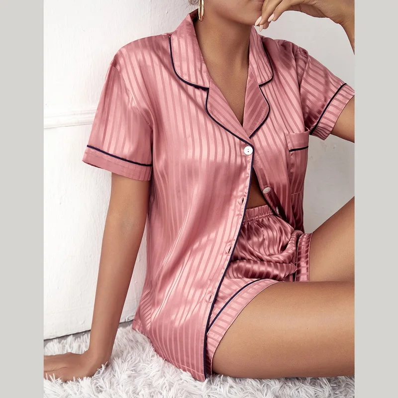 Женская одежда для сна летний пижамный комплект Розовый Атласный топ с коротким