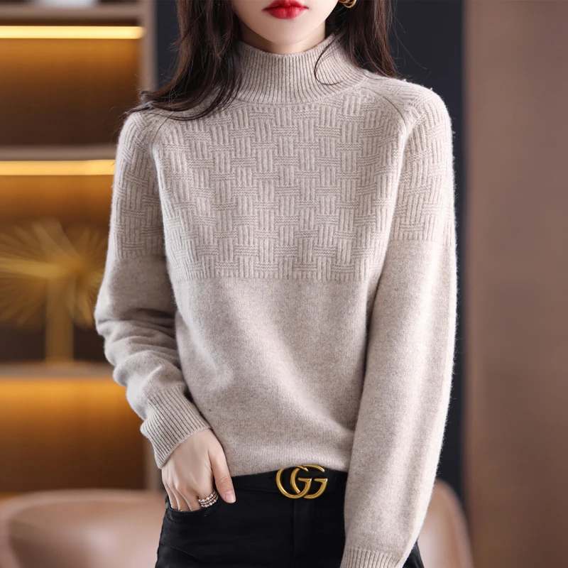 Autumn And Winter Half Turtleneck 100% Wool Sweater Women's Loose All-Match Knitted Pullover Long-Sleeved Bottoming Shirt