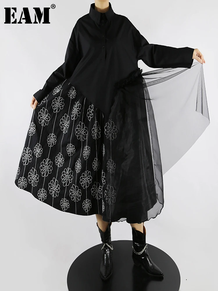 

[EAM] Women Black Mesh Printed Big Size Shirt Dress New Lapel Long Sleeve Loose Fit Fashion Tide Spring Autumn 2022 1DE5824