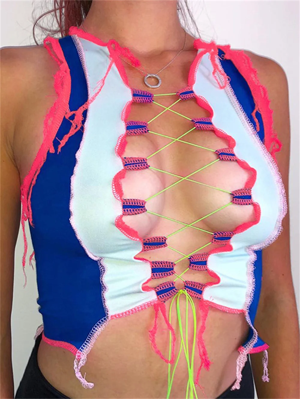 

Ажурные топы Y2k на шнуровке, Женский уличный бандажный кроп-топ в стиле пэчворк, женские облегающие майки без рукавов для клувечерние, летни...