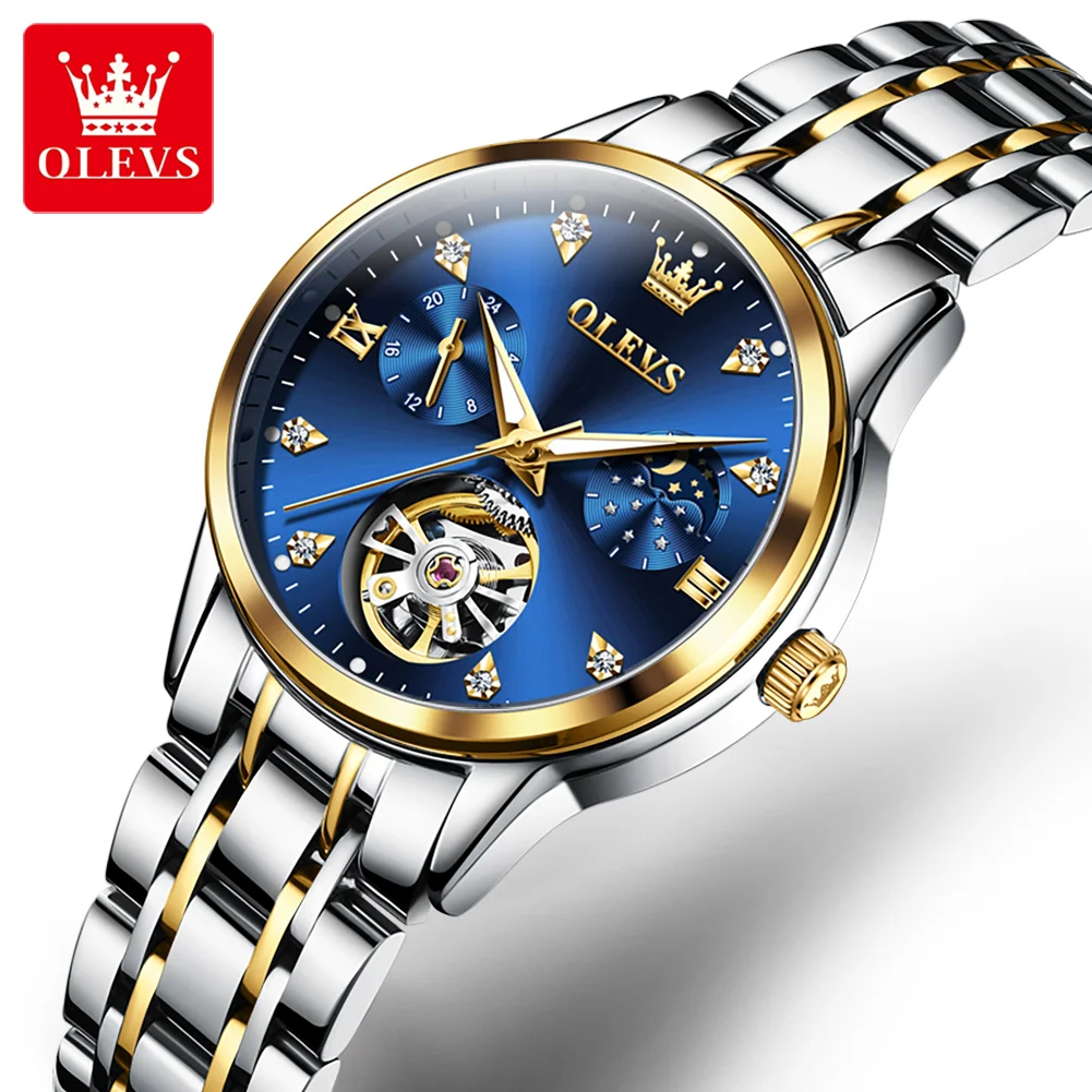 OLEVS Top Brand Luxury Mechanical Watch for Women Tourbillon Automatic Wristwatch Ladies Waterproof Luminous Steel Strap Watches