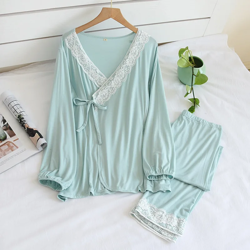 Modal Kimono Nursing Clothes Set Lace V Neck Zipper Spring Summer Thin Long Sleeve Trouser Breast-feeding Pregnant Woman Pajamas