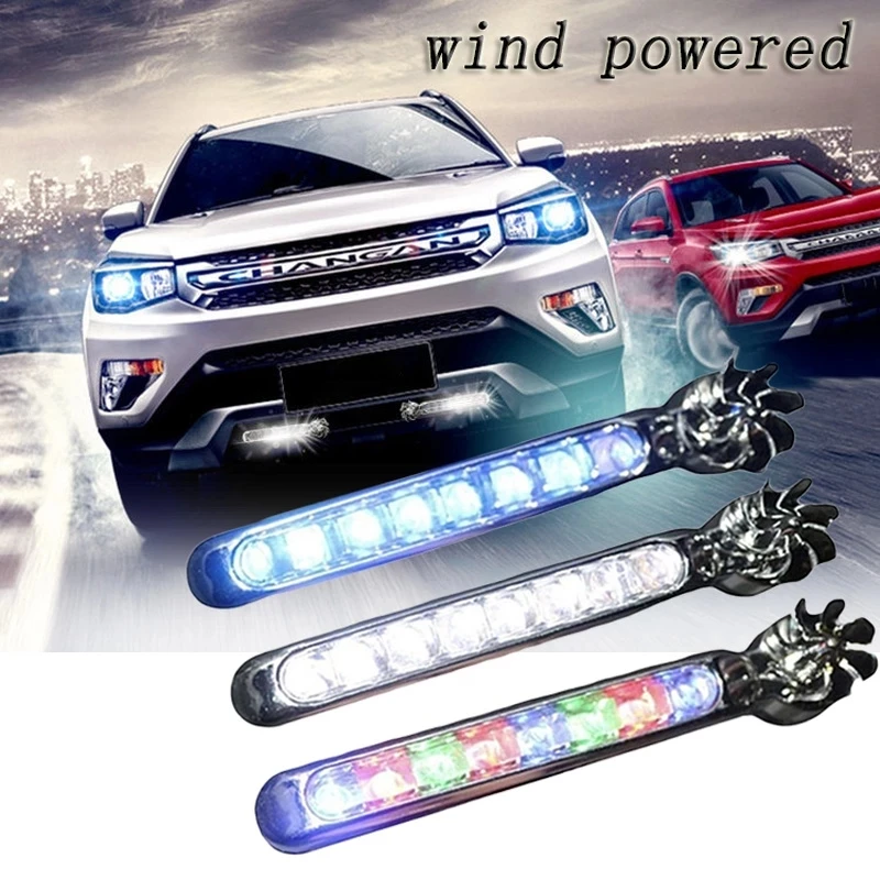 

2pcs Car Wind Powered DRL DayTime Running Light 8 LED Auxiliary Lighting Headlight Rotation Fan Power Automobile Lamp