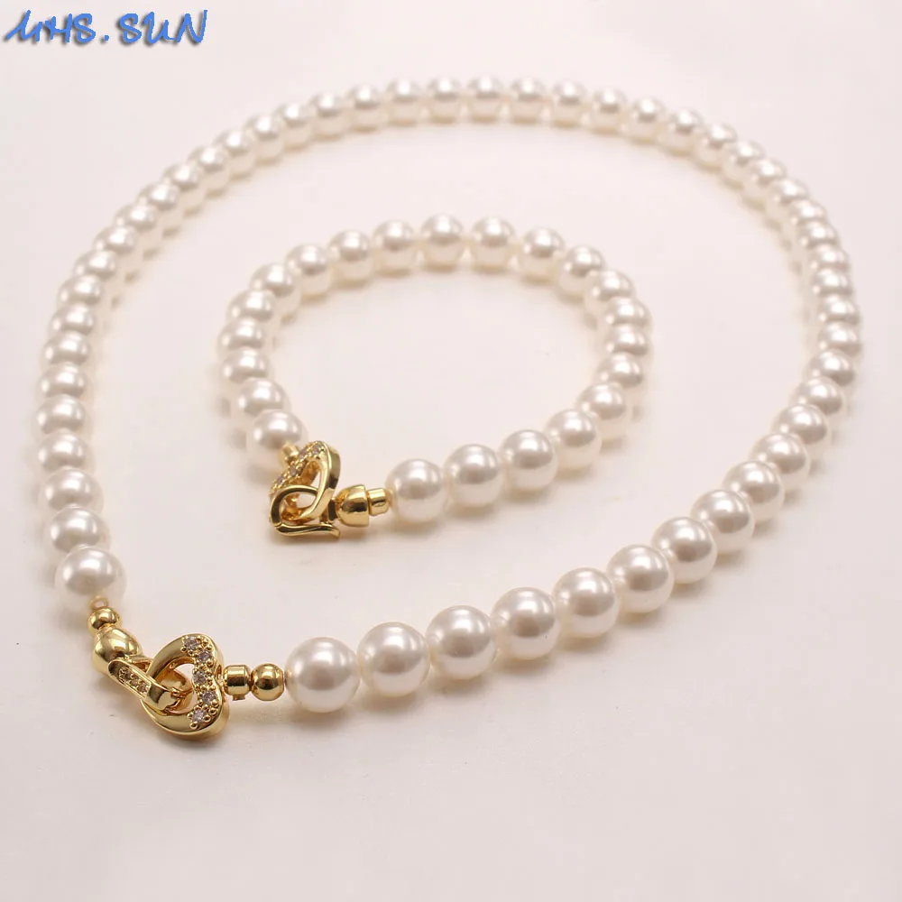 

MHS.SUN Women Fashion Pearl Necklace Bracelet Set With Zircon Heart Pendant Jewelry Set Bohemia Style For Party