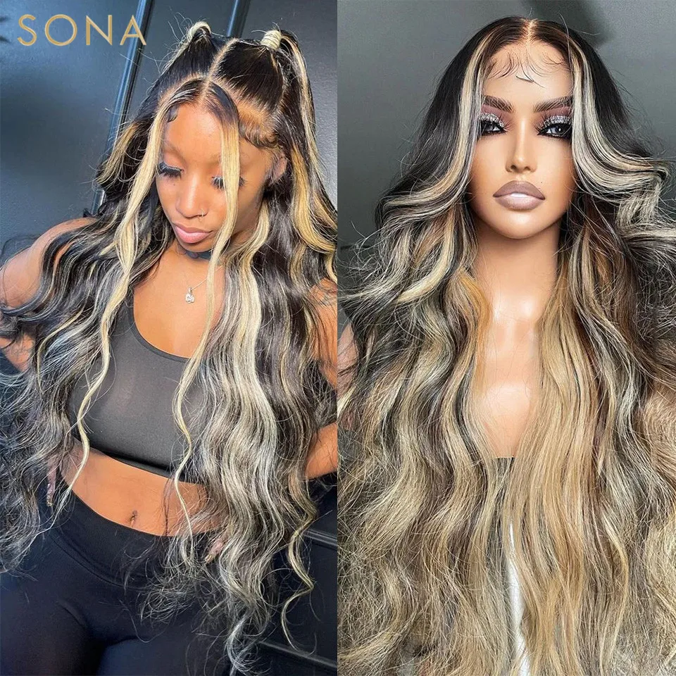 

Ash Blonde Highlights 13x4 Lace Front Wig for Women Black Roots Ombre Human Hair Wavy Wig 4x4 Lace Closure Front Wig Pre Plucked