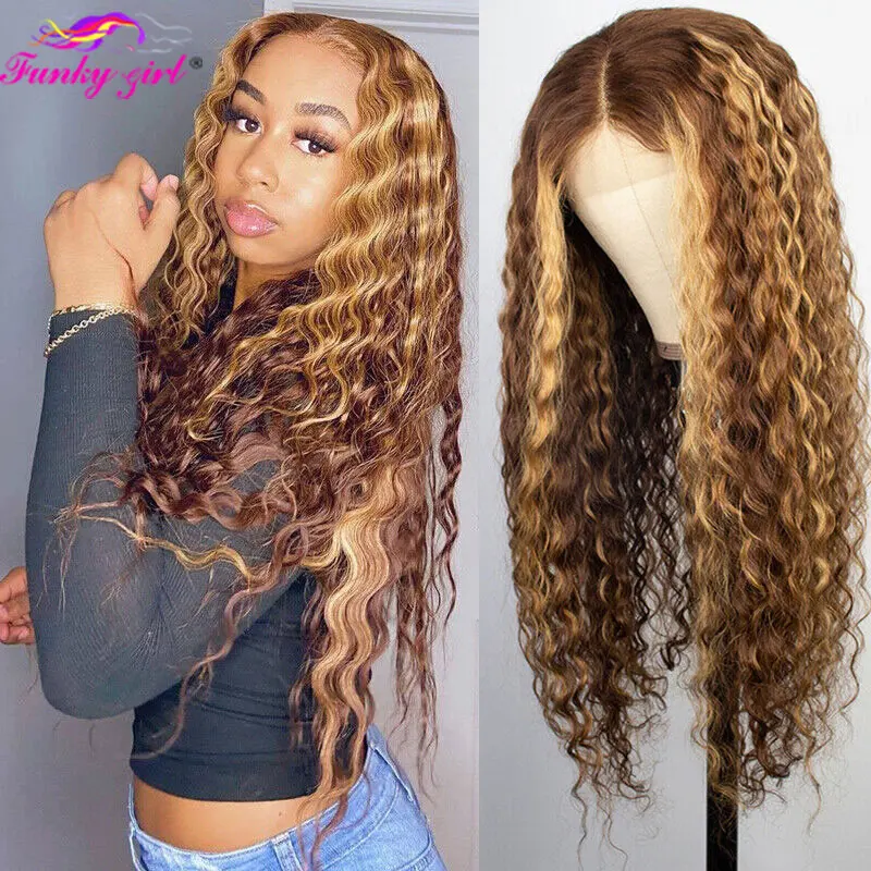 4/27 Highlight Water Wave Human Hair Wig Brazilian Water Wavy T Part Human Hair Lace Wigs Curly Hair 13x1 Transparent Part Wigs