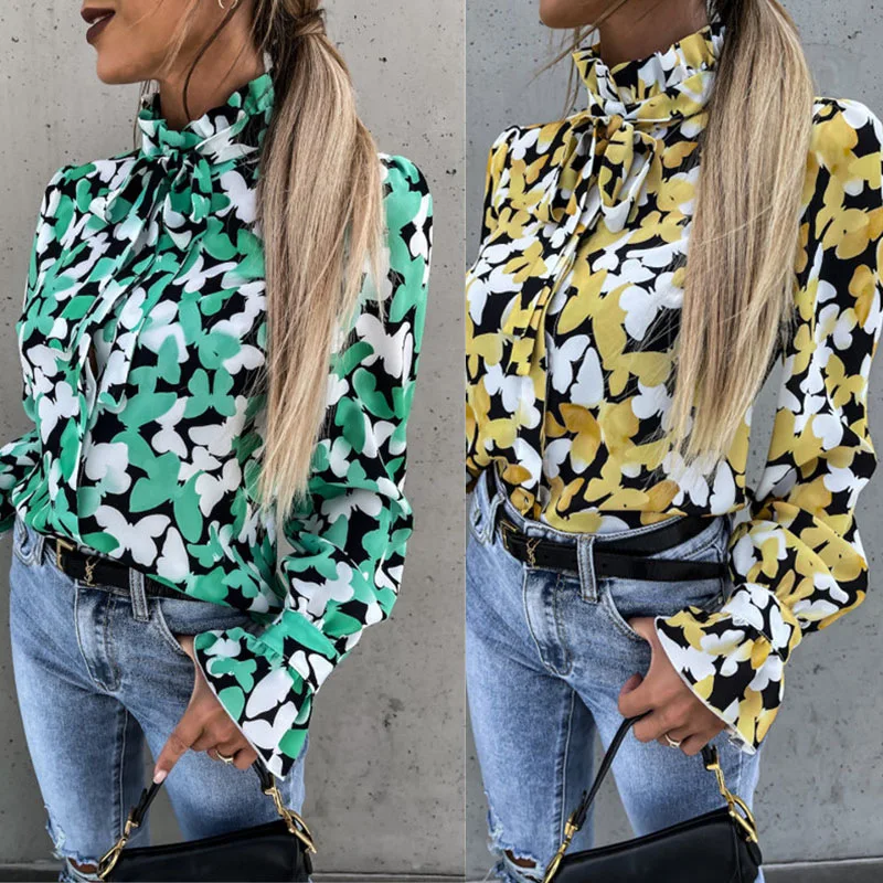

Tops Womens Blouses 2021 Spirng Summer Long Sleeve Butterfly Print Stand Collar Office Ladies Shirt Casual Blusas Mujer Shirts