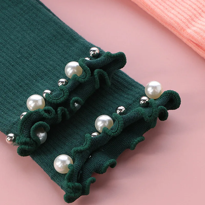 Autumn and Winter Socks New Japanese Ear Edge Beaded Socks Women's Solid Medium Socks Casual Pearl Vintage Fashion Cute Socks