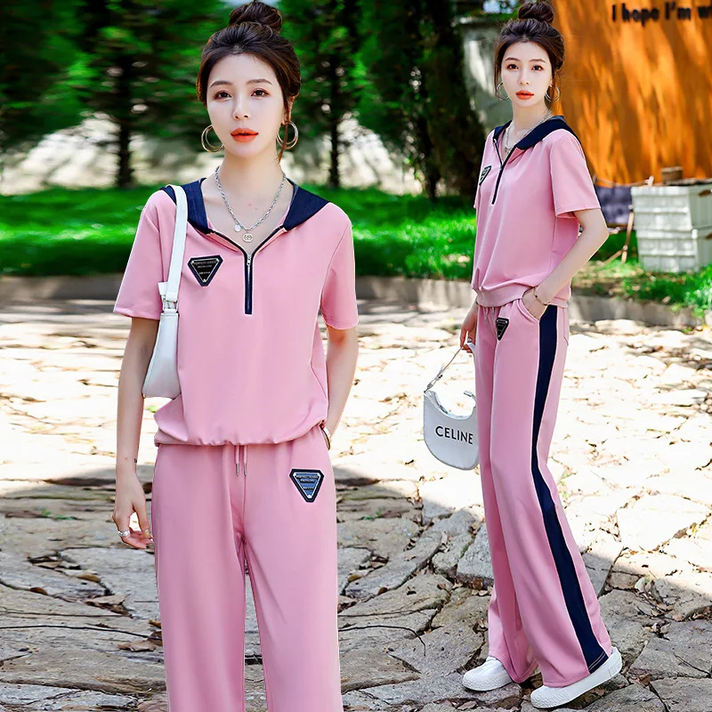 

Summer Clothes Casual Sports Pants Suit Short-sleeved Sweater Hooded Elastic Waist Wide-leg Trousers Slim Fashion Two-piece Suit