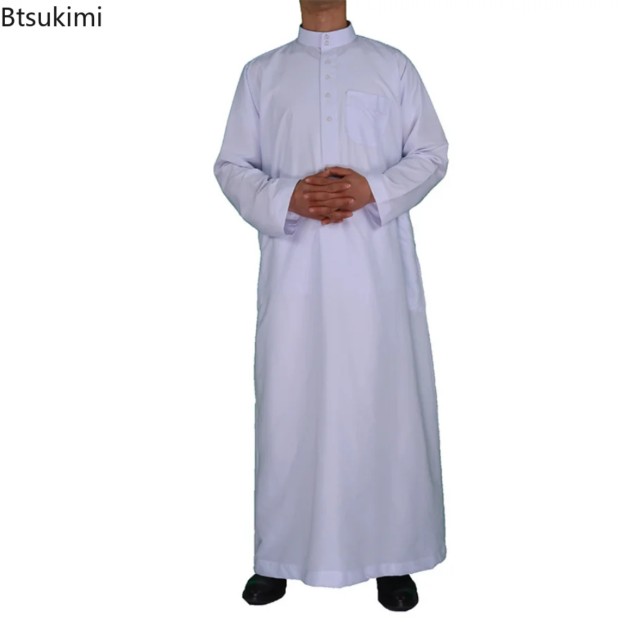 2023 White Polyester Muslim Jubba Thobe Muslim Fashion Long Sleeve Stand Collar Islamic Arabic Kaftan Men Abaya Islam Clothing