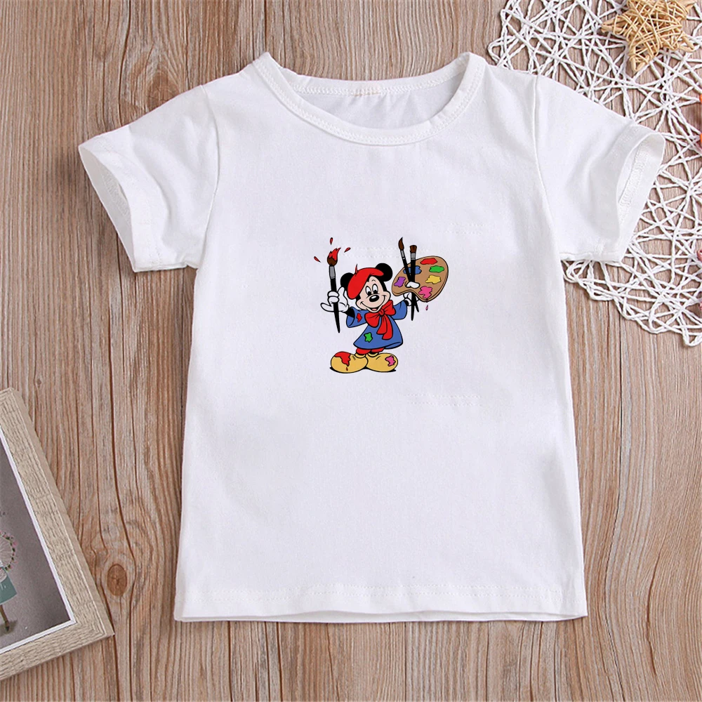 

2022, детские футболки Disney, футболка с рисунком Микки Мауса, Милая Белая Повседневная футболка с рисунком для девочек, хлопковая мягкая базова...