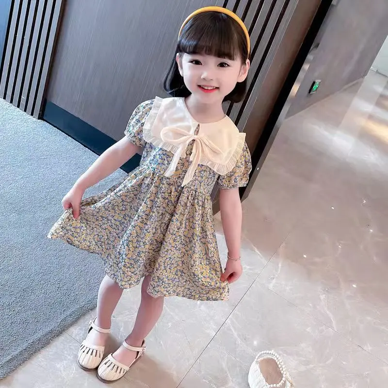 

Summer Infant/Toddler Cotton Linen Dress Pleated Short Sleeve Exquisite Print Doll Neck Dress Summer Casual Dress Children 2-7 Y