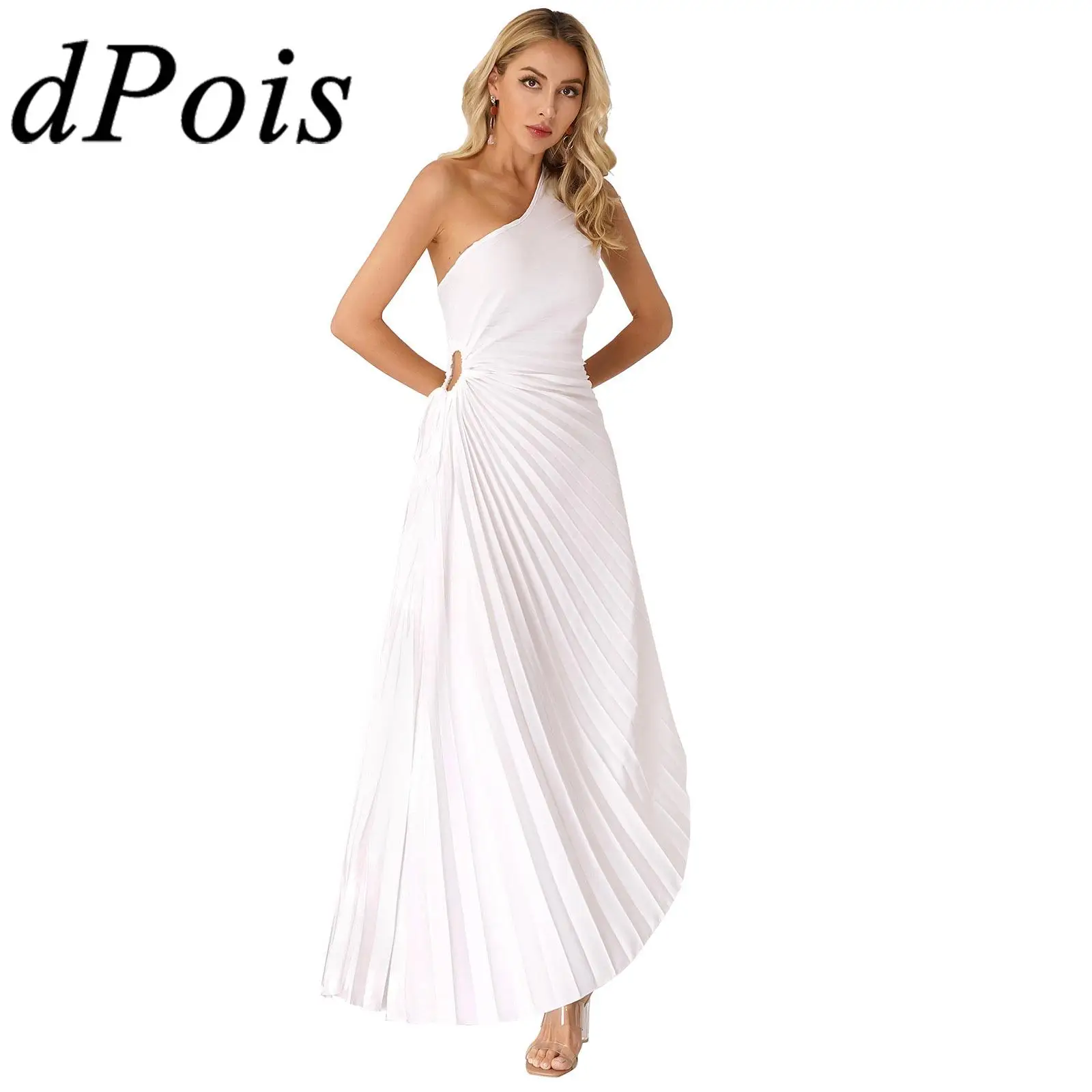 Womens Elegant Sleeveless Dress Drawstring Cutout Pleated One Shoulder Maxi Dress for Party Gown Summer Vacation Long Dress
