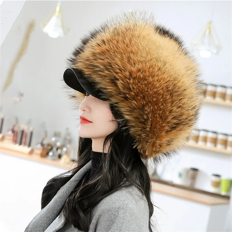 Fashion Women's Soft Warm Fur Hat Luxury Fox Fur Fluffy Duck Hat Winter Outdoor Thickening To Prevent Cold Fur Hat
