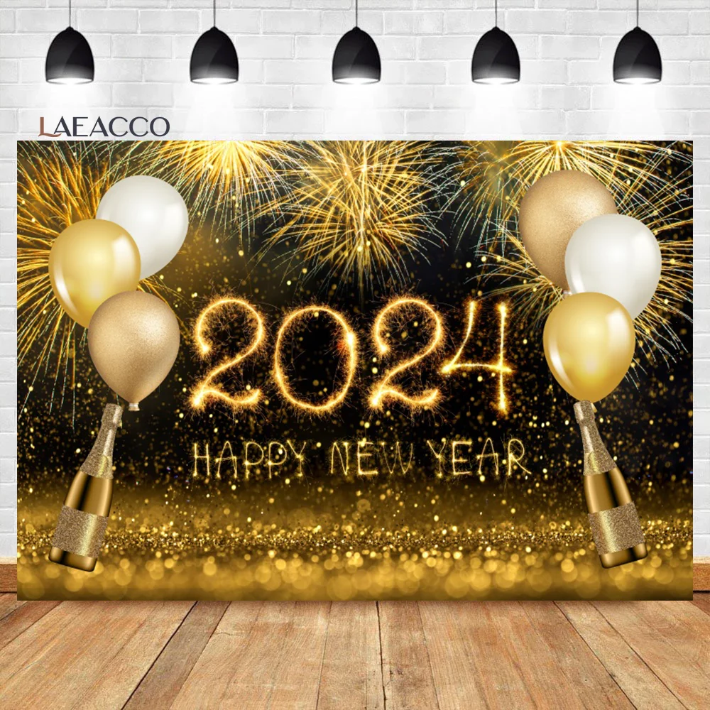 

Laeacco Glitter Gold Happy New Year 2024 Backdrop Bokeh Golden Dots Balloons Champagne Adults Portrait Photography Baackground